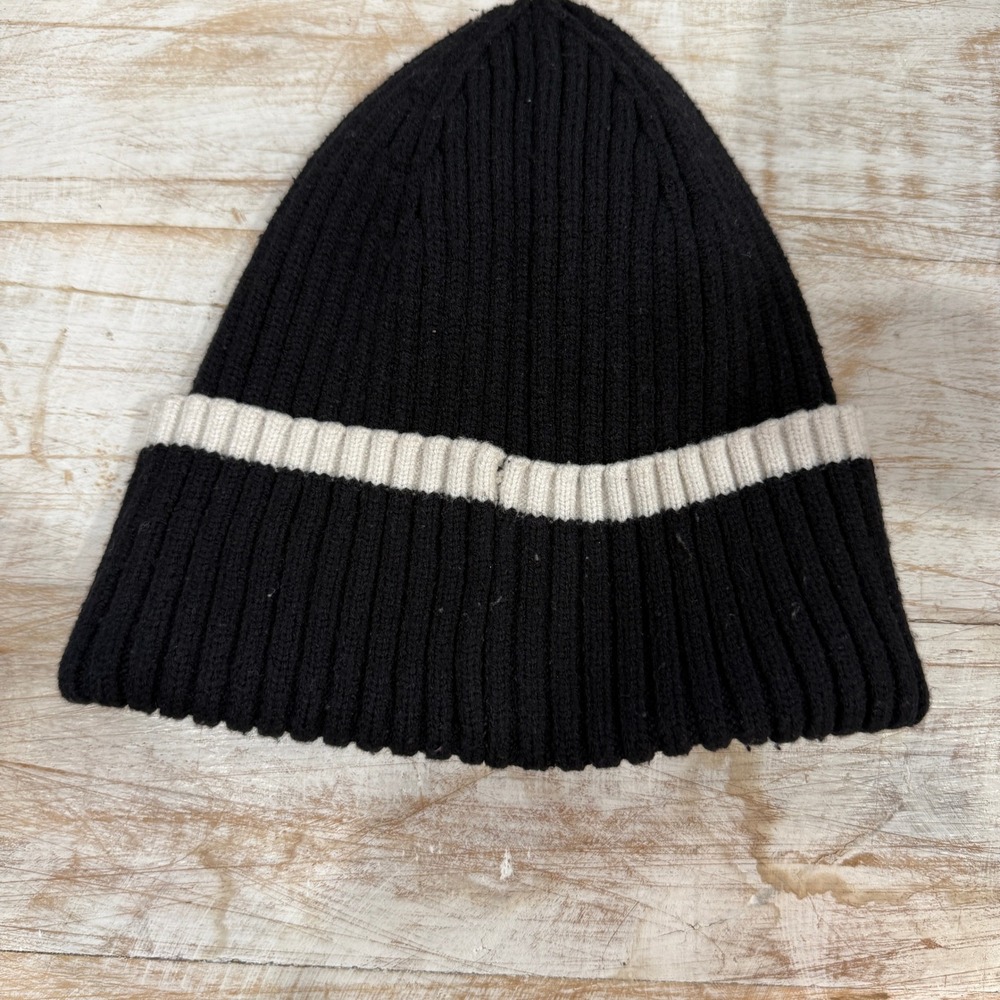 Time and Tru Black Ribbed Knit Beanie Hat Cream Stripe One Size Recycled Blend